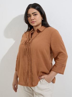Gia Brown Pintuck-Detailed Cotton Blouse