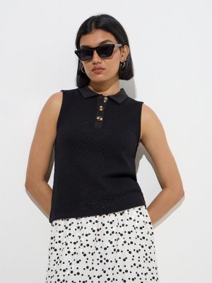 Wardrobe Black Knit-Textured Cotton-Blend Top