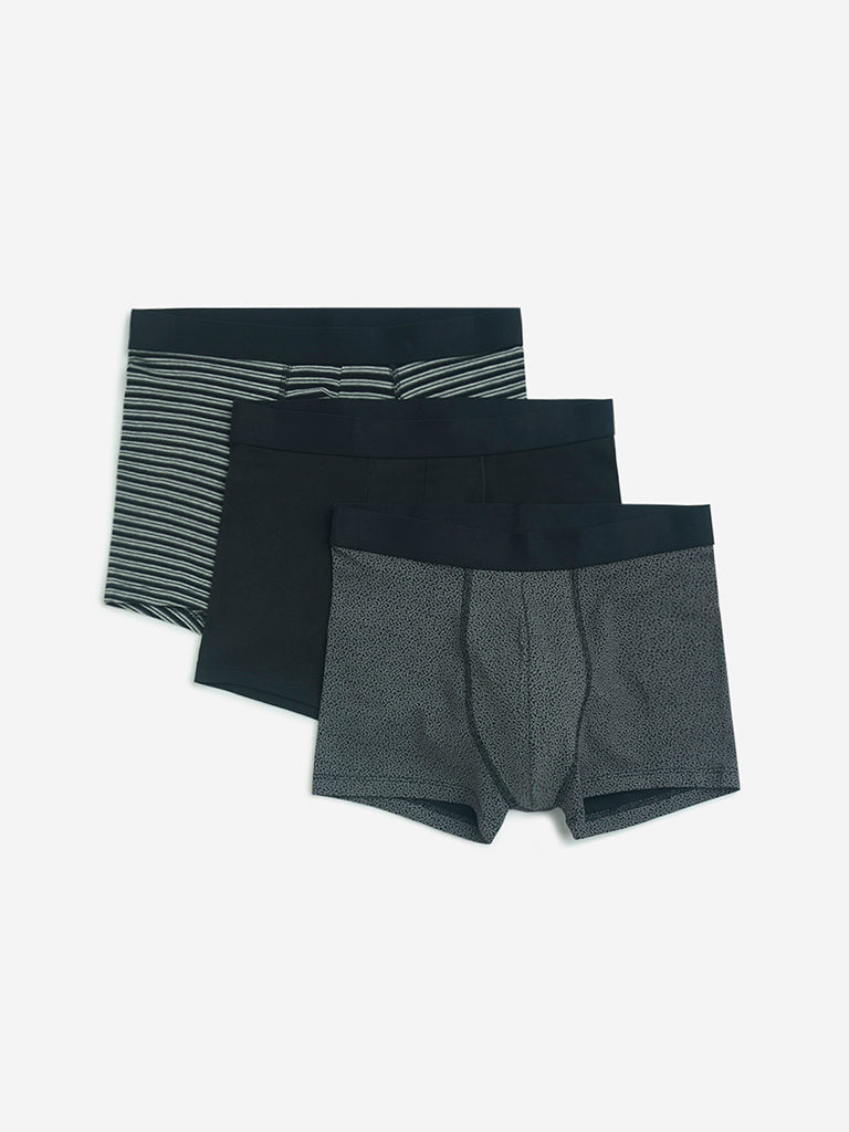 WES Lounge Black Cotton-Blend Trunks - Pack of 3