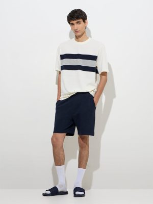 WES Lounge White Striped Relaxed-Fit Cotton-Blend T-Shirt