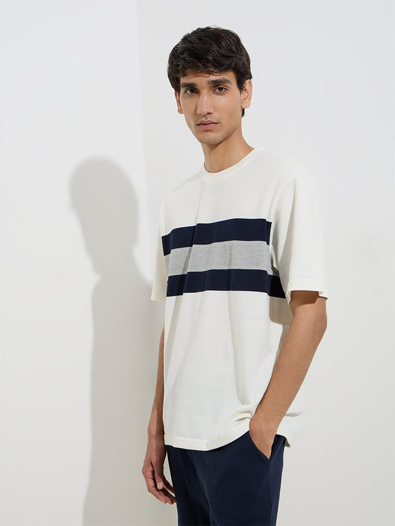 WES Lounge White Striped Relaxed-Fit Cotton-Blend T-Shirt - Image 3