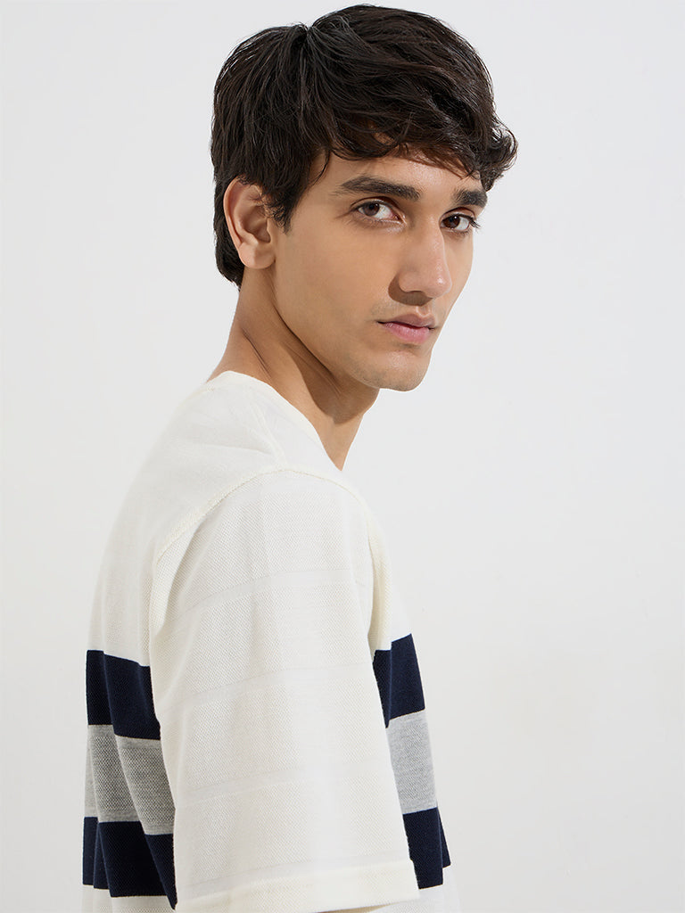 WES Lounge White Striped Relaxed-Fit Cotton-Blend T-Shirt - Image 4