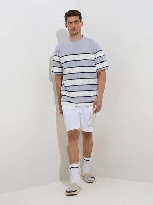 WES Lounge Grey Striped Relaxed-Fit Cotton-Blend T-Shirt