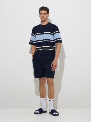 WES Lounge Navy Striped Relaxed-Fit Cotton-Blend T-Shirt