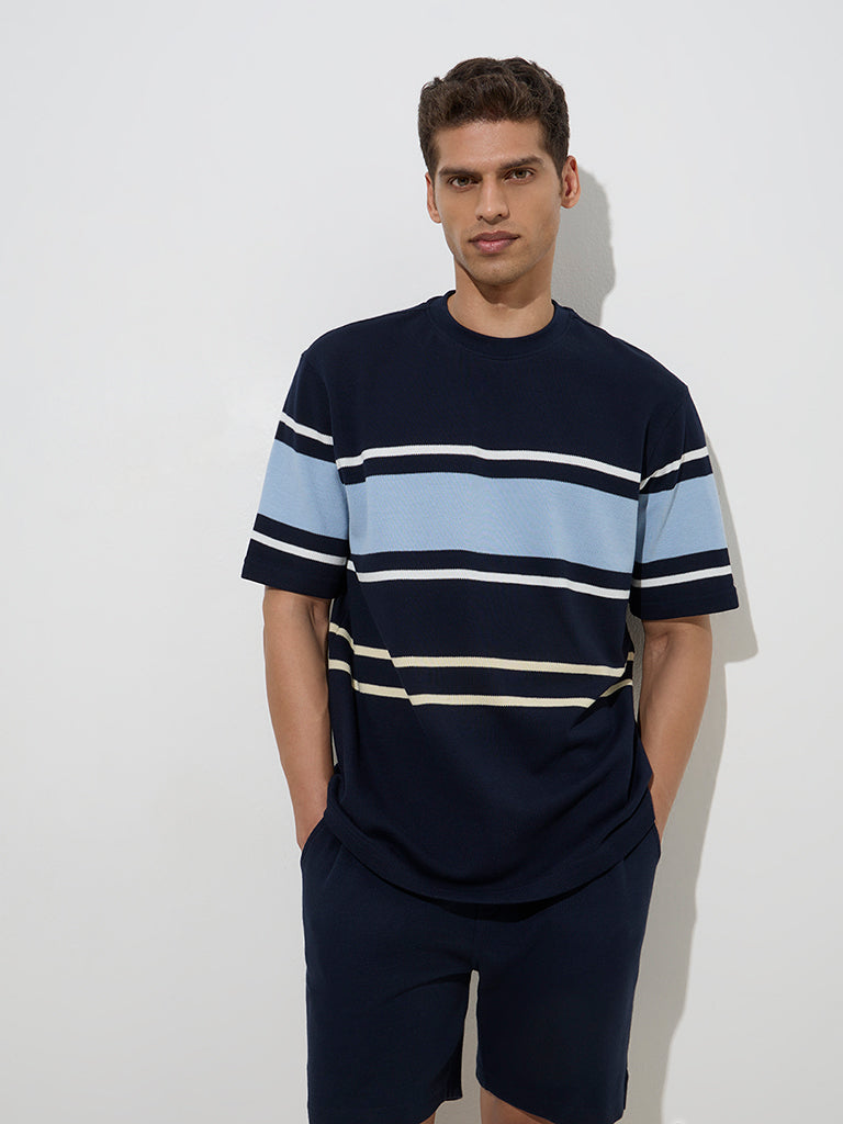WES Lounge Navy Striped Relaxed-Fit Cotton-Blend T-Shirt - Image 2