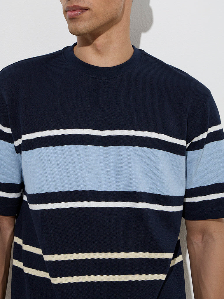 WES Lounge Navy Striped Relaxed-Fit Cotton-Blend T-Shirt - Image 3