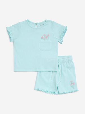 HOP Baby Turquoise Floral Design Cotton Top and Shorts Set