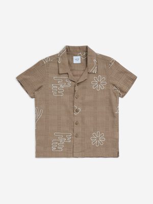 HOP Kids Brown Floral Design Cotton-Blend Shirt