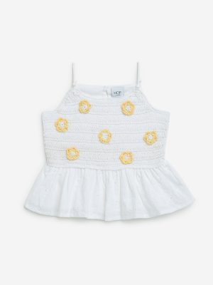 HOP Kids White Floral Knitted Cotton Peplum Top