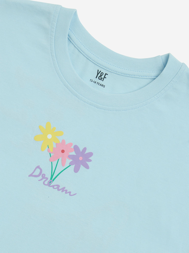 Y&F Kids Blue Floral Pattern Cotton Top - Image 4