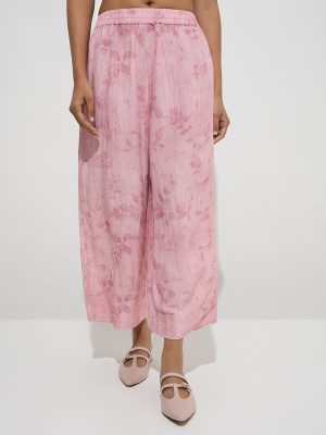 Zuba Pink Leaf Pattern Ethnic Pants