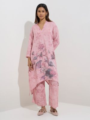 Zuba Pink Floral Design High-Low Kurta