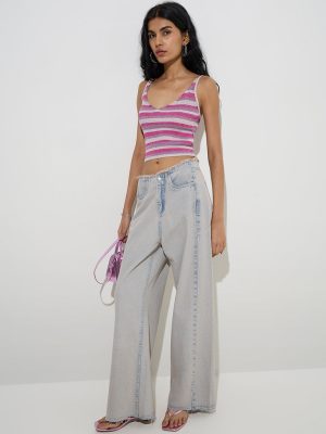 Nuon Magenta Striped Ribbed-Textured Top