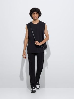 Studiofit Black Solid Relaxed-Fit Cotton-Blend T-Shirt