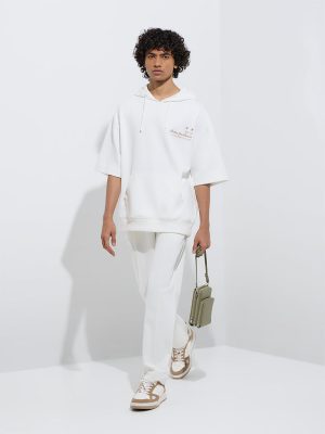 Studiofit Off-White Text Relaxed-Fit Cotton-Blend Hoodie