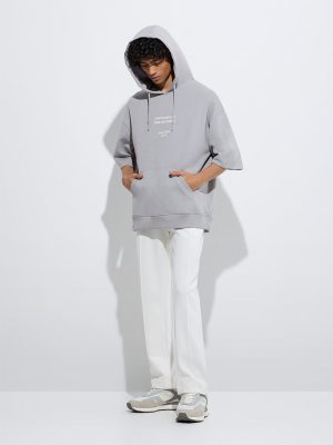 Studiofit Grey Text Printed Relaxed-Fit Cotton-Blend Hoodie