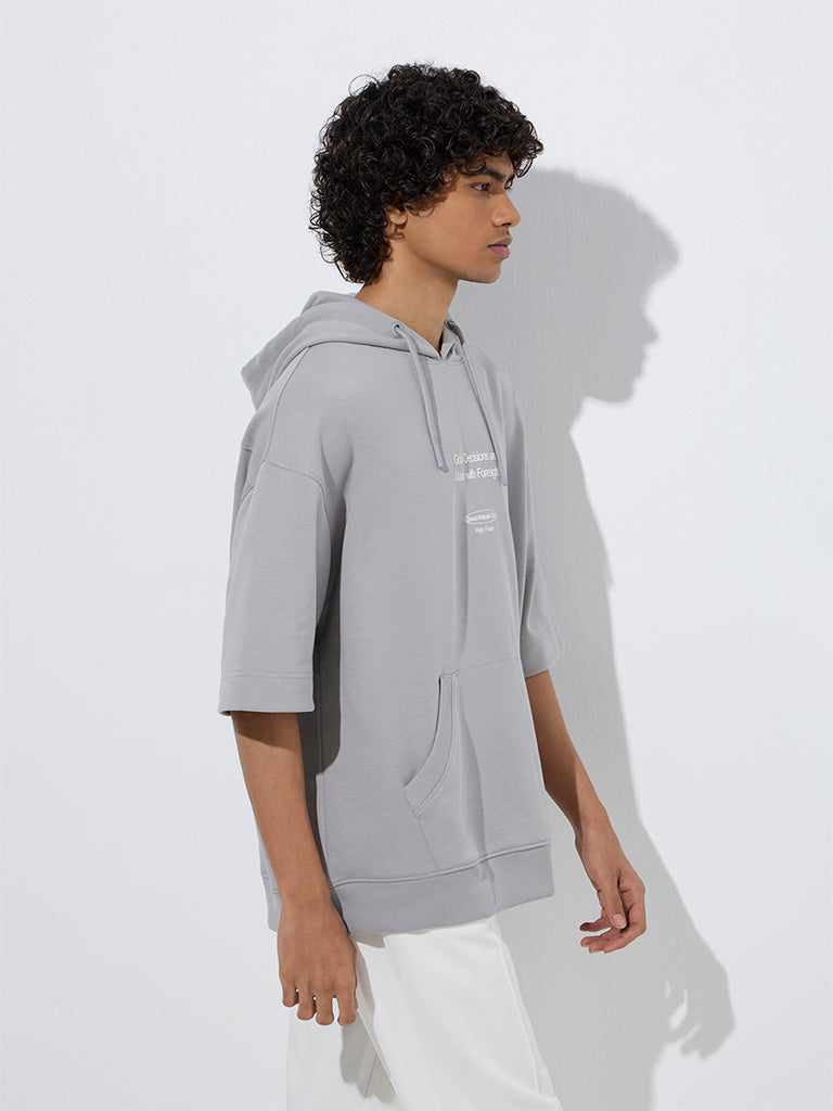 Studiofit Grey Text Printed Relaxed-Fit Cotton-Blend Hoodie - Image 2