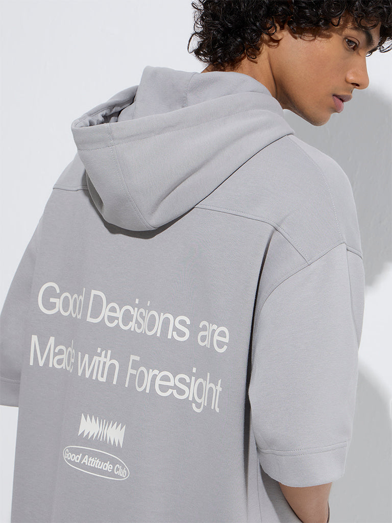 Studiofit Grey Text Printed Relaxed-Fit Cotton-Blend Hoodie - Image 3