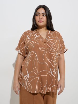 Gia Brown Printed Pattern High-Low Blouse