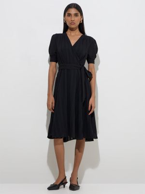Wardrobe Black Seersucker Stripe Wrap-Style Dress with Belt