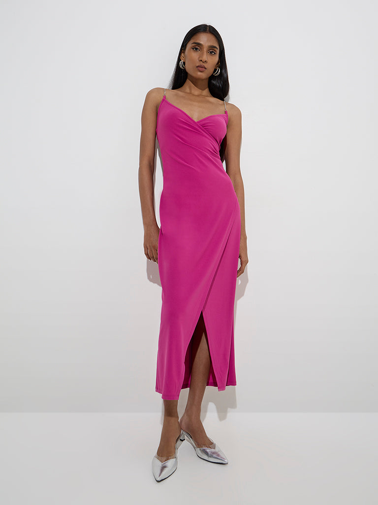 Wardrobe Magenta Slit-Detailed Straight Dress