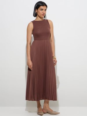 Wardrobe Brown Accordion Pleated A-Line Dress