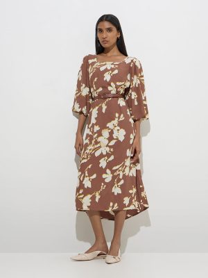 Wardrobe Brown Floral Pattern A-Line Dress with Belt