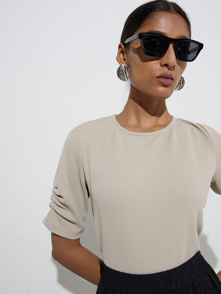 Wardrobe Beige Self-Striped Top - Image 2