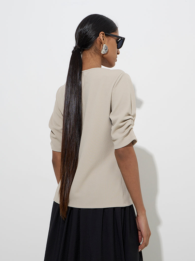 Wardrobe Beige Self-Striped Top - Image 4