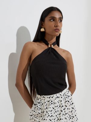 Wardrobe Black Self-Striped Halter-Neck Top