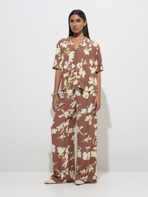 Wardrobe Brown Floral Design Mid-Rise Pants