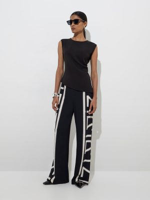 Wardrobe Black Geometric Design High-Rise Trousers