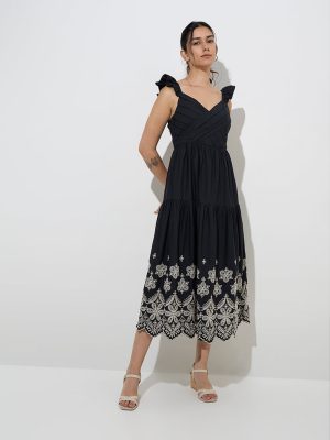 LOV Black Floral Embroidered Cotton A-Line Dress