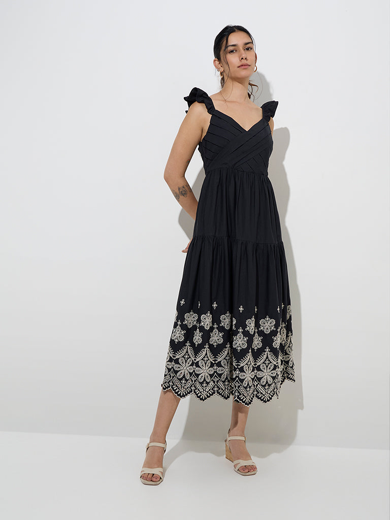 LOV Black Floral Embroidered Cotton A-Line Dress
