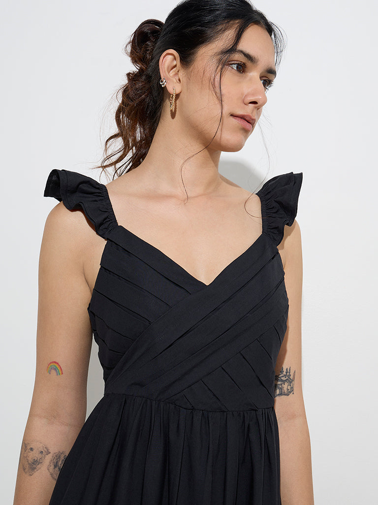 LOV Black Floral Embroidered Cotton A-Line Dress - Image 2