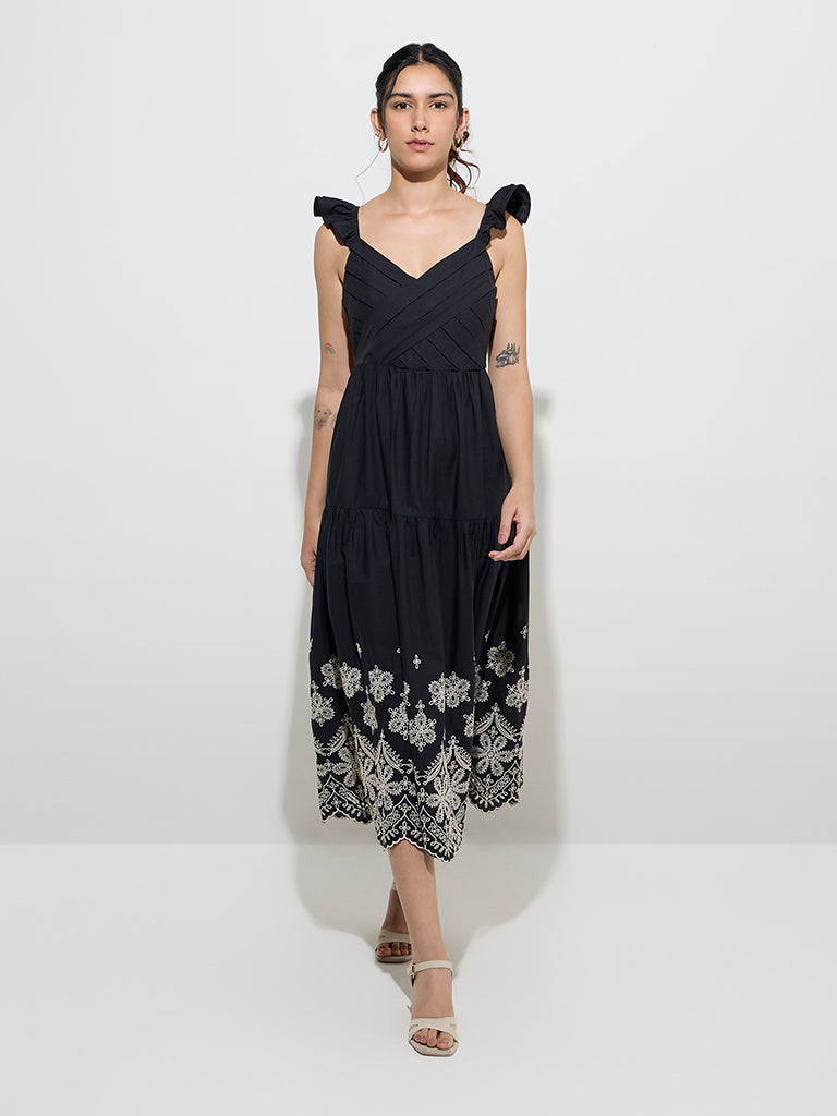 LOV Black Floral Embroidered Cotton A-Line Dress - Image 3
