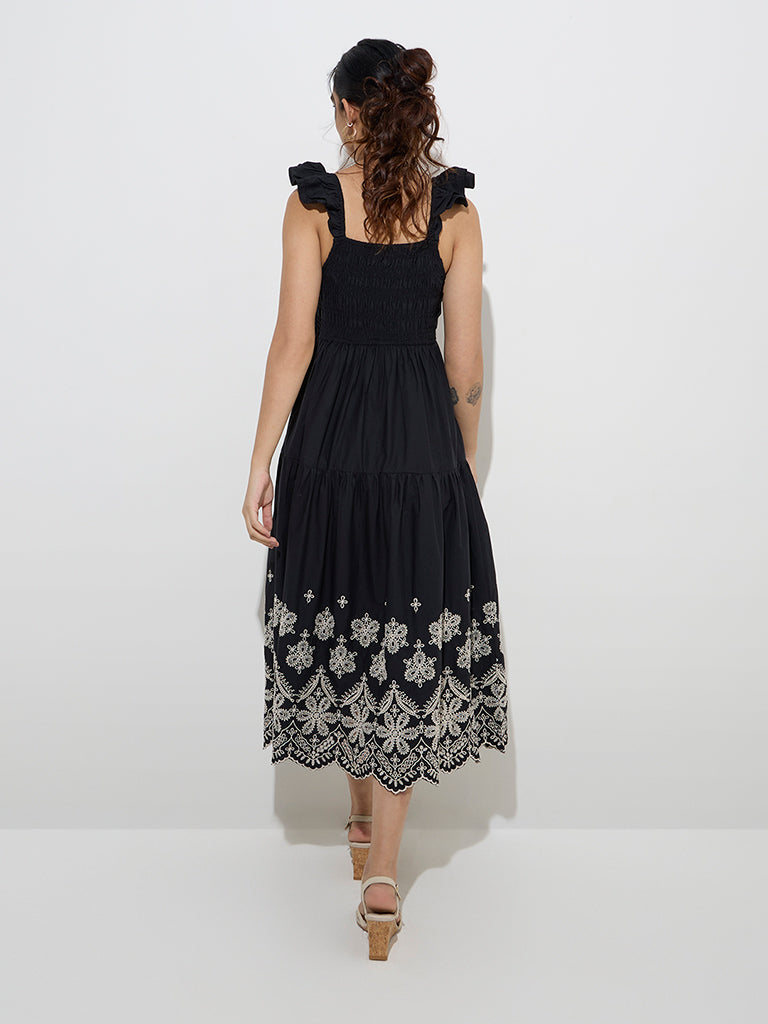LOV Black Floral Embroidered Cotton A-Line Dress - Image 4