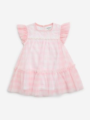 HOP Baby Pink Checkered A-Line Dress