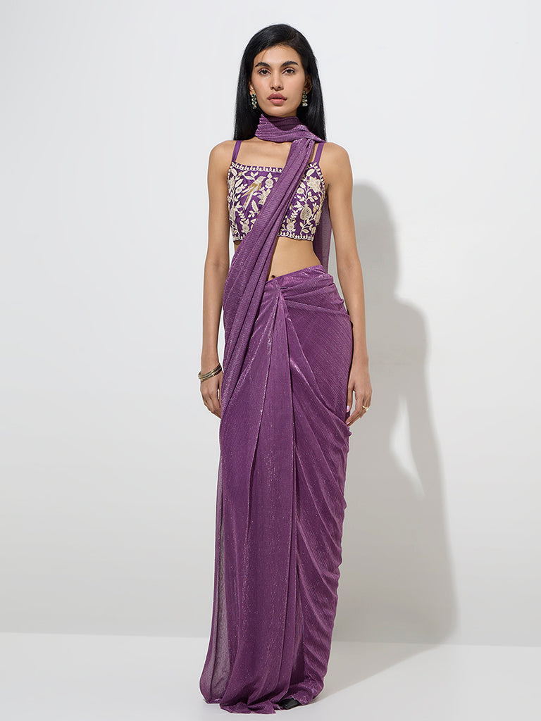 Vark Purple Metallic-Shimmer Ready-To-Wear Saree