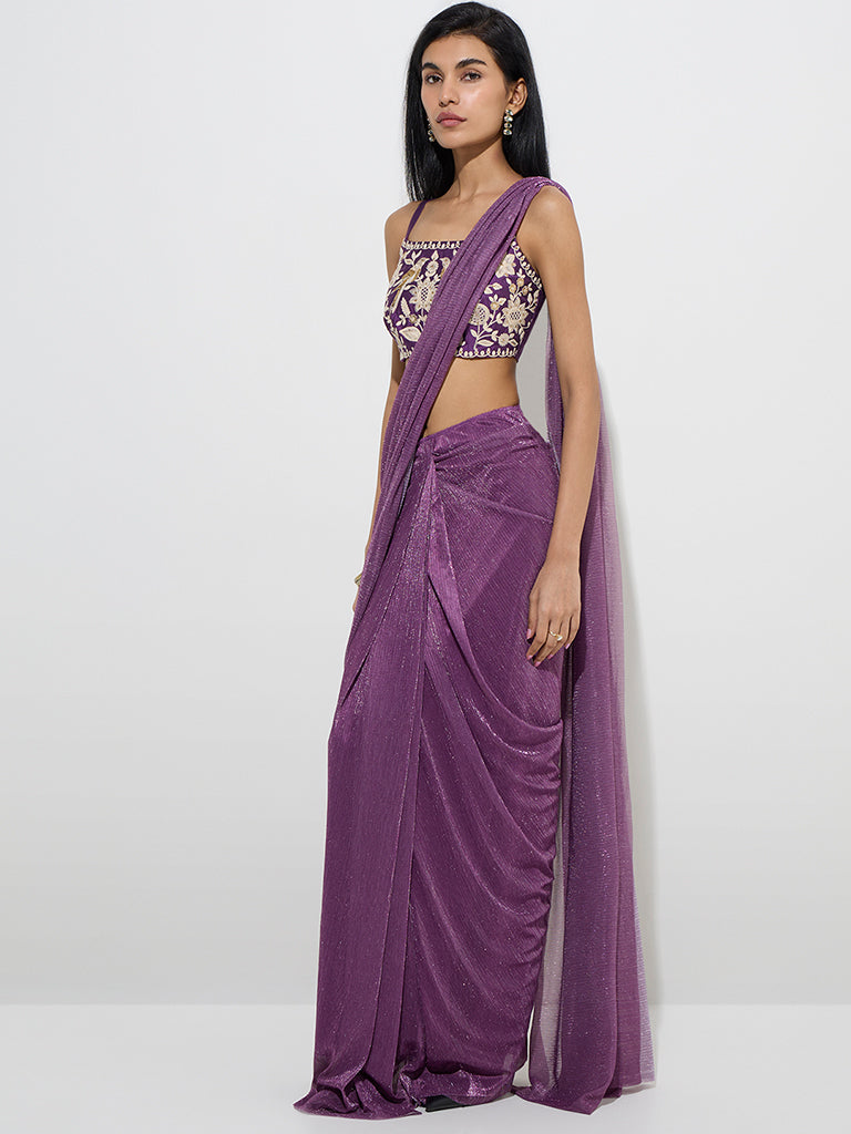 Vark Purple Metallic-Shimmer Ready-To-Wear Saree - Image 2