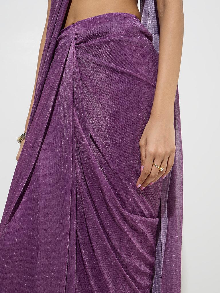 Vark Purple Metallic-Shimmer Ready-To-Wear Saree - Image 3