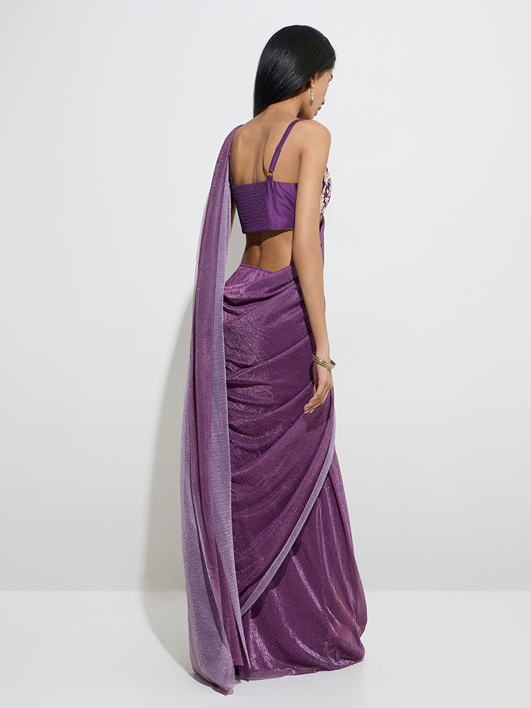 Vark Purple Metallic-Shimmer Ready-To-Wear Saree - Image 4