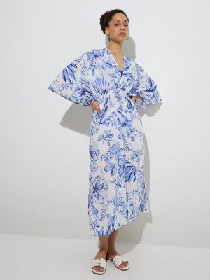 Wunderlove Blue Floral Cotton-Blend Beach Kaftan Dress