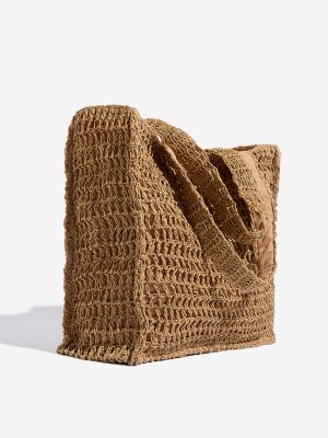 Wunderlove Brown Crochet-Detailed Tote Bag