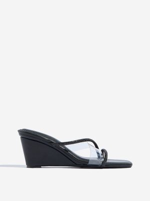LUNA BLU Black Diamante Embellished Wedge Sandals