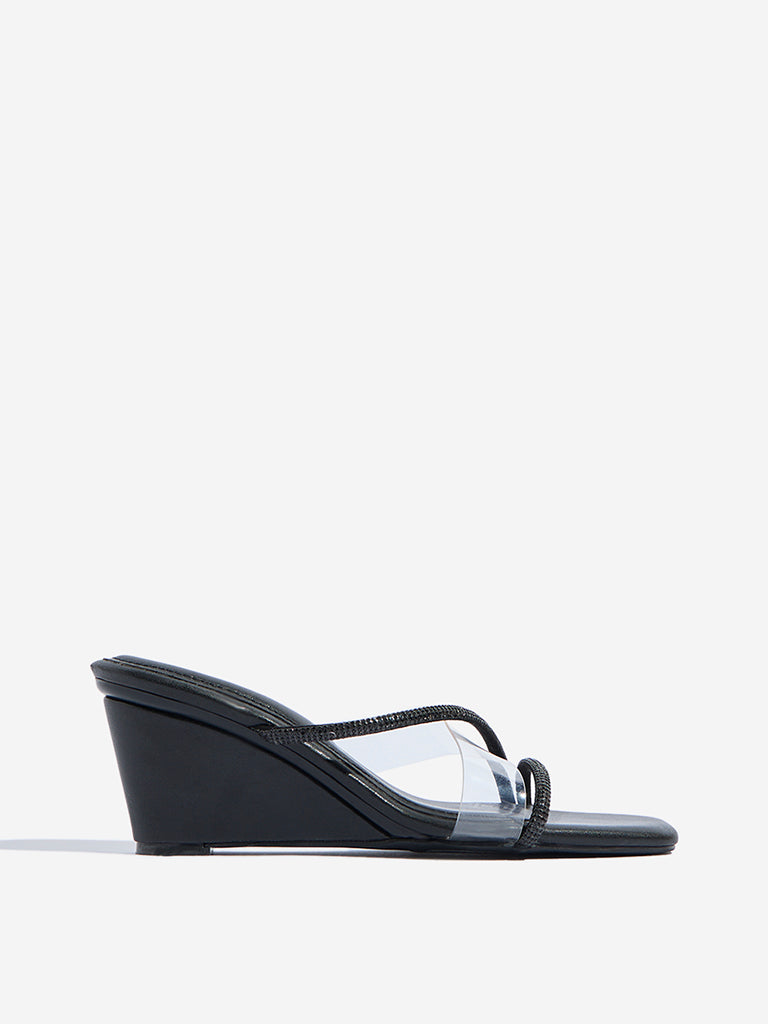 LUNA BLU Black Diamante Embellished Wedge Sandals