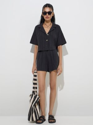 Nuon Black Crinkle-Textured Cotton Shirt