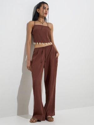 Nuon Brown Shell-Detailed Textured Cotton Top