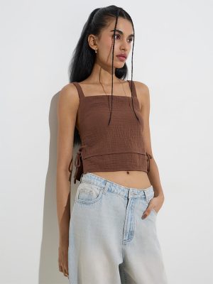 Nuon Brown Crinkle-Textured Cotton Top