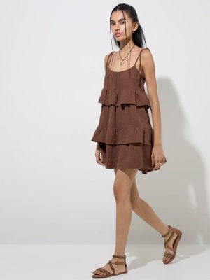 Nuon Brown Ruffle-Detailed A-Line Dress